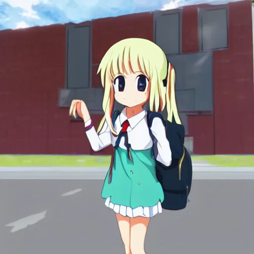 Prompt: cute anime girl going to school, a-1 pictures,