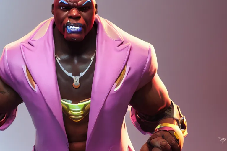 Image similar to doomfist, pink blazer, overwatch game, digital art, high detailed, unreal engine, artstation, 3 d render