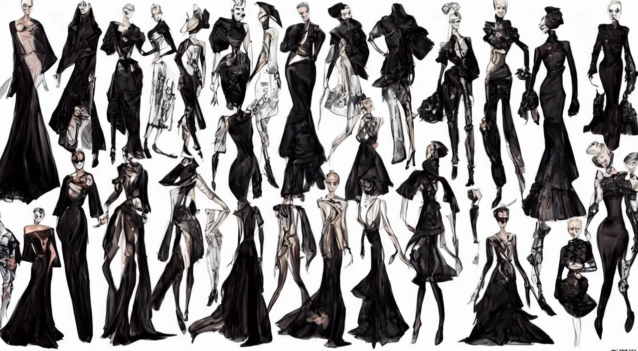 Image similar to fashion, high fashion, haute couture, dior, game, characters reference sheet, high quality, ultra detailed