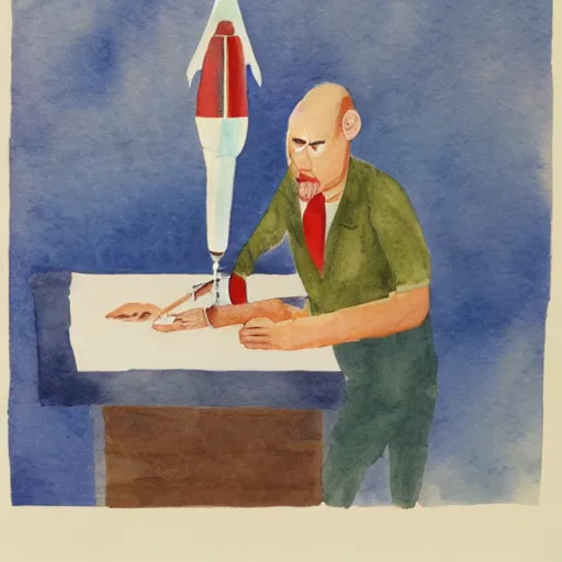 Image similar to doctor performing surgery on a rocket, blue watercolor painting