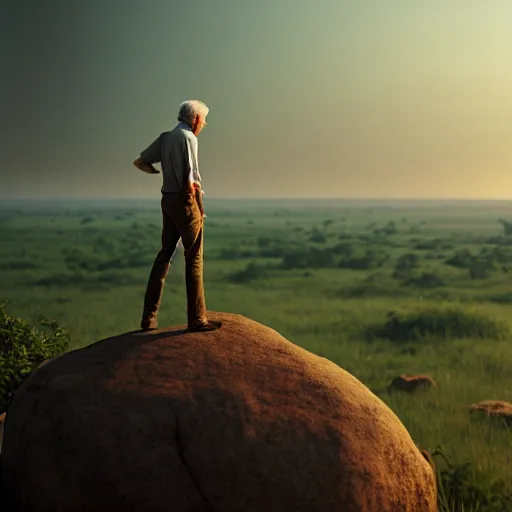 Prompt: old man standing on a rock overlooking the savanna, high detailed, super high resolution, realistic, concept art, artistic, octane render, masterpiece fine details