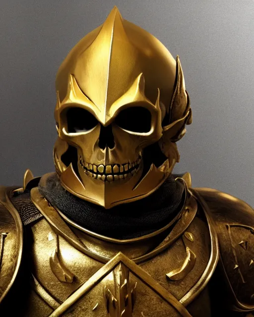 Prompt: 3d render of a character concept of a skull headed gold knight with a skull hemet, wearing golden armor, hyper realistic, unreal, craig mullins, alex boyd, lord of the rings, game of thrones, dark souls, artstation, warhammer, unreal