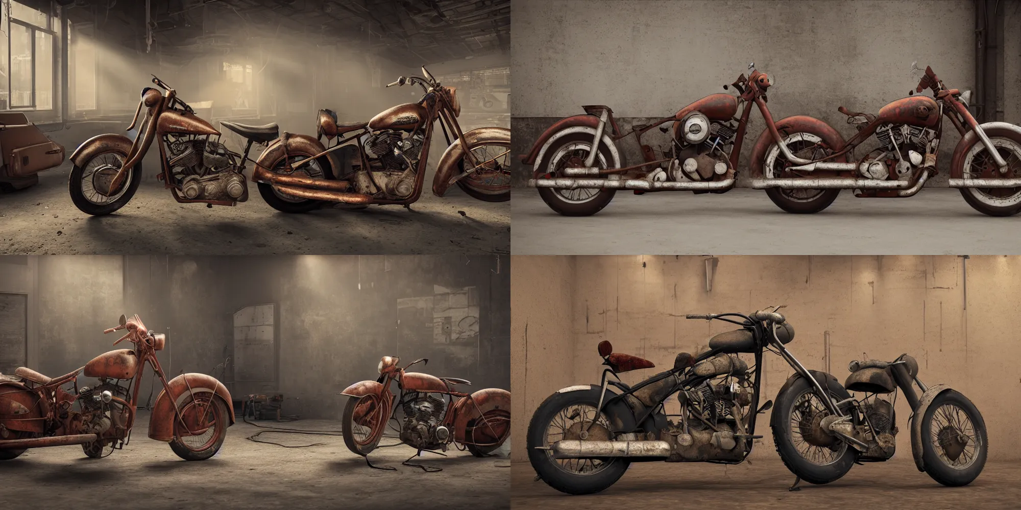Prompt: Photograph of a rusty 1950's Harley Davidson in a repair shop, soft lighting, crepuscular rays, realistic octane render, 8k, ultra detailed, concept art