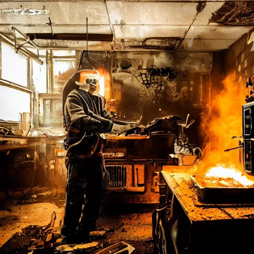 Image similar to cyborg toaster oven repairman, dark messy smoke - filled cluttered workshop, dark, dramatic lighting, orange tint, sparks, plasma rays, cinematic, highly detailed, sci - fi, futuristic, movie still, rule of thirds composition