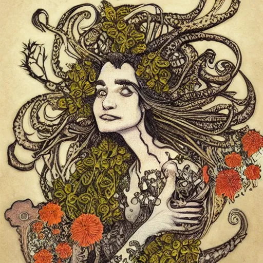 Image similar to a beautiful detailed front view portrait of a rotten woman corpse with fractal plants and fractal flowers and mushrooms growing around, intricate, symmetrical, ornate, ornamentation, illustration, in the style of art nouveau