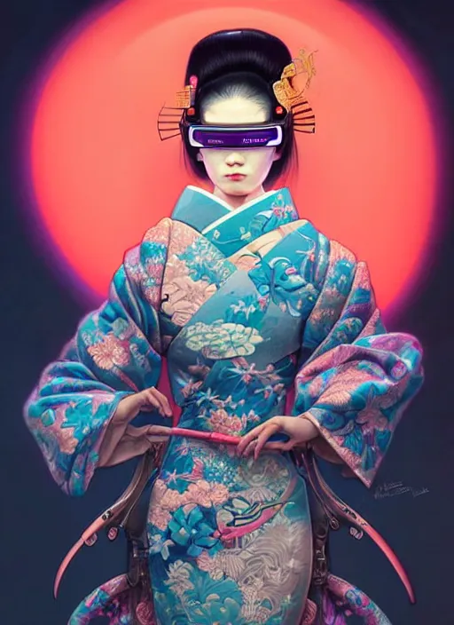 Prompt: portrait illustration of female japanese humannoid wearing a vr eyewear and very detailed and intricate geisha kimono dress, intricate detail, cyber neon lighting, highly detailed, artstation, glamor pose, concept art, art by peter mohrbacher and boris vallejo and liam wong, pinterest, artstation, digital painting,