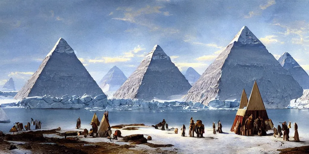 Image similar to Antarctica, pyramids, oil painting, highly detailed, artwork, in style of Albert bierstadt