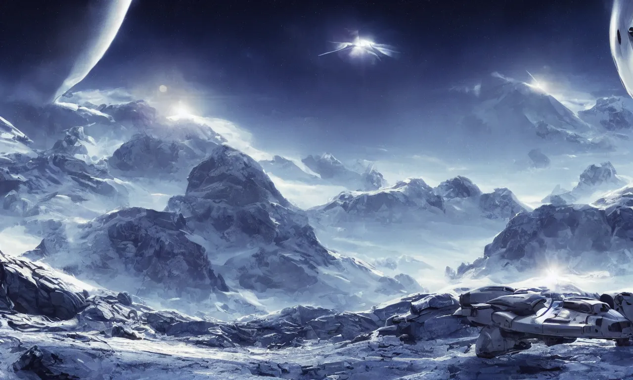 Prompt: frozen planet with mountains in clouds on the background, ravine in front, science-fiction, cinematic lighting, cinematic angle, Syd Mead, Federico Pelat, daylight, blue sky, spaceship in the sky