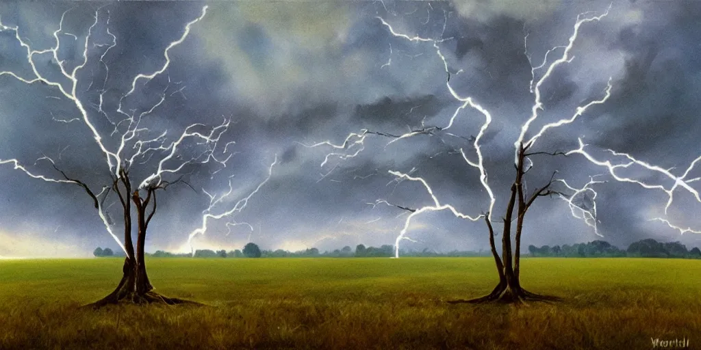 Image similar to lightning strikes a tree in the middle of a field, painting By Andy Worhol,