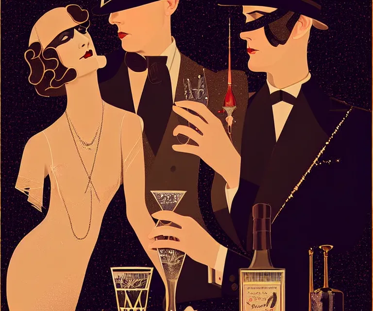 Prompt: a beautiful classy partying couple, dimly lit upscale 1920s speakeasy, relaxed pose, art deco, detailed painterly digital art style by Coles Phillips, retro vibe, 🍸, 8k octane beautifully detailed render, post-processing, extremely hyperdetailed, intricate, epic composition, grim yet sparkling atmosphere, cinematic lighting + masterpiece, trending on artstation, very detailed, vibrant colors, Art Nouveau, masterpiece