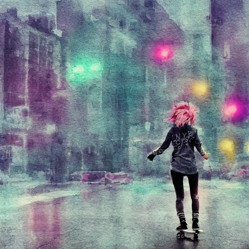 Image similar to punk girl skateboarding in the city, simple watercolor, rough paper texture, backlit cyberpunk buildings, wet roads at night reflecting the lights from buildings, dust, fog, cloudy night sky, dslr, 4 k, fisheye