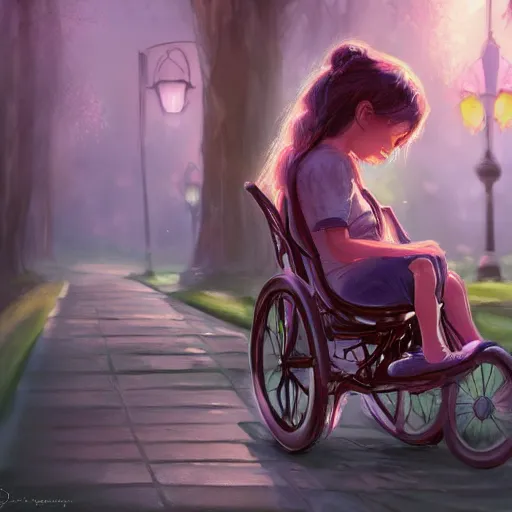 Prompt: a cute cerebral palsy girl on her stroller, at the park, magical atmosphere, trending on artstation, 30mm, by Noah Bradley trending on ArtStation, deviantart, high detail, stylized portrait