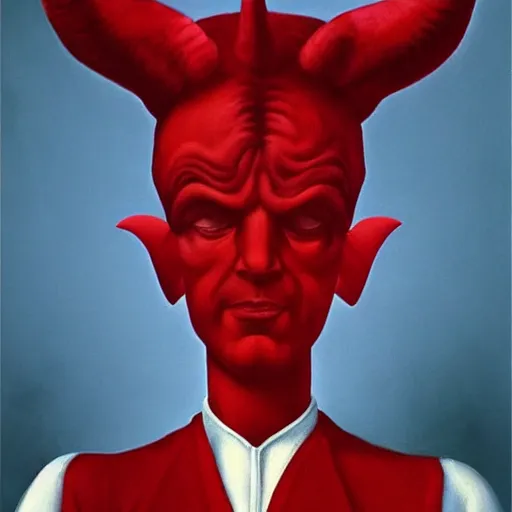 Image similar to a red and evil satan with horns and hooves by Raphael, Hopper, and Rene Magritte. detailed, romantic, enchanting, trending on artstation.