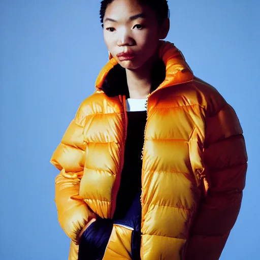 Image similar to realistic photoshooting for a new balenciaga lookbook, color film photography, portrait of a blonde asian woman, model wearing a puffer jacket, photo in style of tyler mitchell, 3 5 mm,