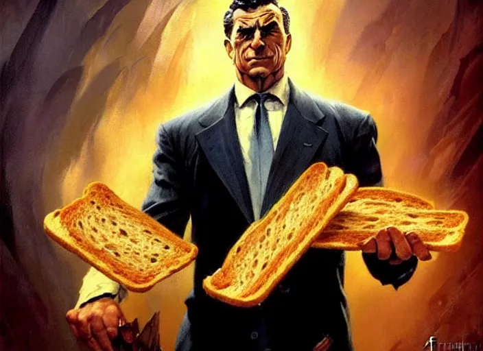 Image similar to magic : the gathering fantasy character concept art of the great businessman by frank frazetta, high resolution. a clear portrait of powerful, business man wearing a business suit, holding a wad of money made out of bread, magical bread and toast money swirling around, fantasy coloring, intricate, digital painting, artstation, smooth, sharp focus