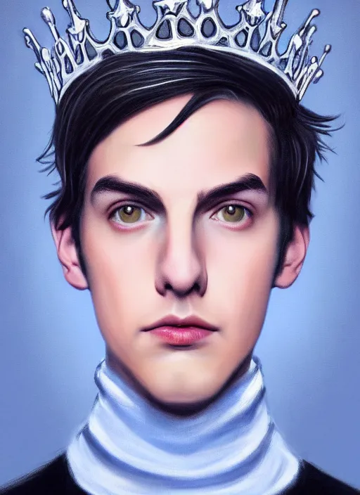 Image similar to portrait of teenage jughead jones wearing a light grey crown, crown, blue turtleneck, 1 9 5 0 s, closed eyes, photorealistic, black hair, glowing lighting, intricate, elegant, glowing lights, highly detailed, digital painting, artstation, concept art, smooth, sharp focus, illustration, art by wlop, mars ravelo and greg rutkowski