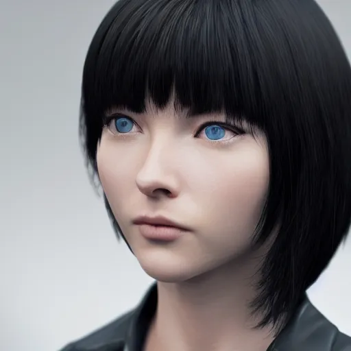 Image similar to « portrait, attractive, blue eyes, black hair, middle length hair, ghost in the shell, front view, unreal engine 5 »