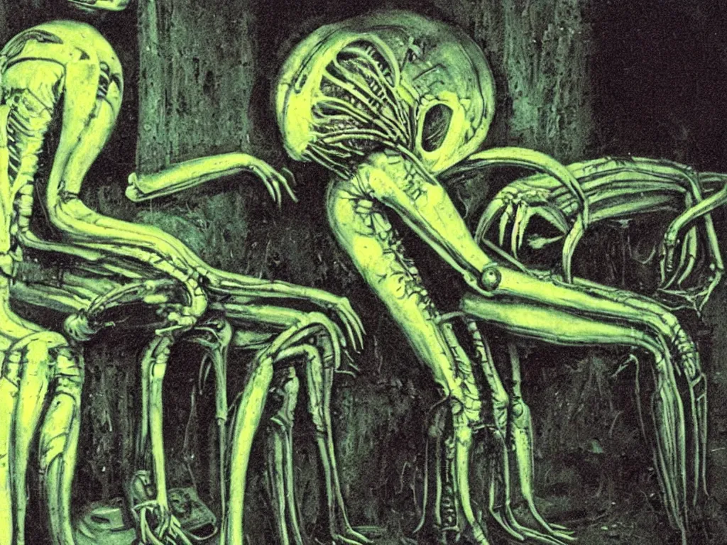 Prompt: An H.R. Giger alien sitting on the toilet. Green and yellow color scheme. A small boy crying in the corner. Production photo from 1980’s color sci-fi film.