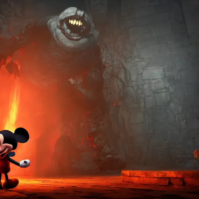 Image similar to mickey mouse reimagined as a monster boss in dark souls, dark cinematic, volumetric, realistic, cinematic lighting, ray tracing, unreal engine 5, unreal engine render, octane render, hyper realistic, photo, 8 k