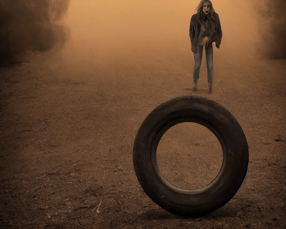 Image similar to a horror movie poster featuring a tire in a smokey desert