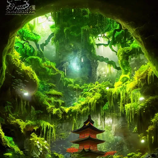 Prompt: japanese temple in lush cave with glowing emeralds and vines hanging from the ceiling, sharp focus, cinematic light, artgerm, cgsociety, desaturated, highly detailed