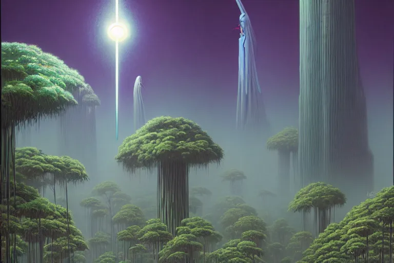 Prompt: matte painting, huge glass monoliths, a lot of exotic vegetation, trees, flowers, tall grass, pastel dull colors, gigantic huge evangelion - like giant robot covered with flowers, staying in the foggy huge dark night forest covered with web and cotton and a lot of glow - worms, by moebius, hyperrealism, intricate detailed, risograph