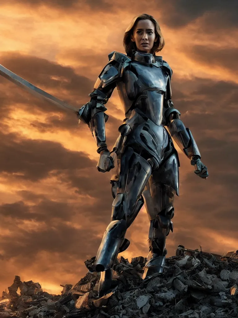 Image similar to emily blunt in futuristic power armor, by herself, holding a sword, standing atop a pile of rubble, sunset and big clouds behind her