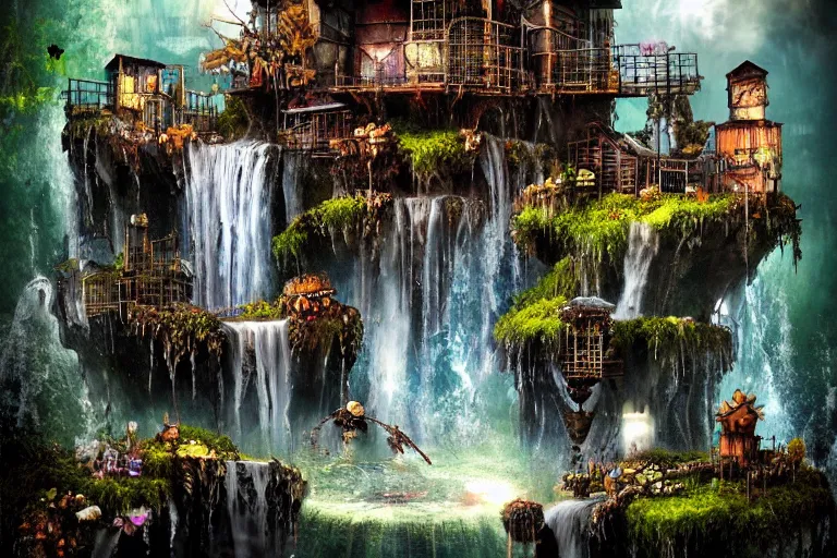 Prompt: gothic waterfall favela honeybee hive, subconscious environment, industrial factory, award winning art, epic dreamlike fantasy landscape, ultra realistic,