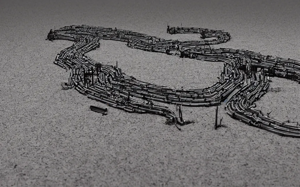 Image similar to robotic centipede travelling across a broken landscape