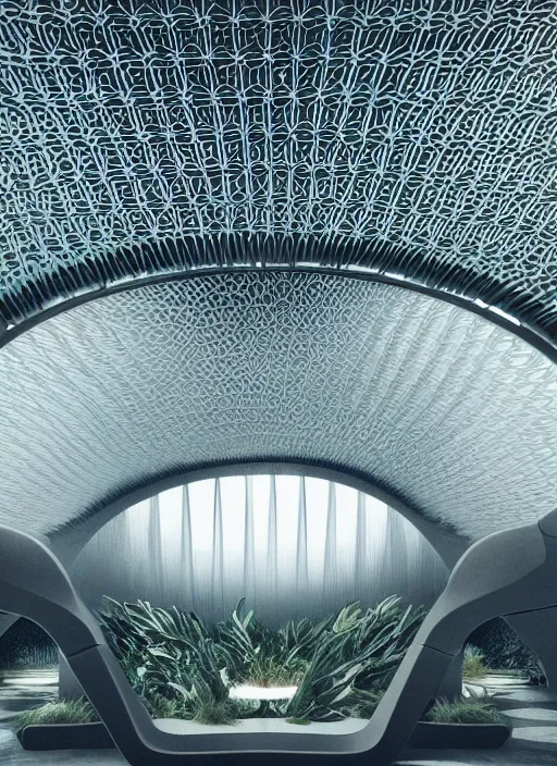 Image similar to a photo of a futuristic biomimicry oasis interior + the interior is elegant and made of a biomimicry nature with ornate patterns + photo taken on a misty morning + architectural photography, 8K, photorealistic