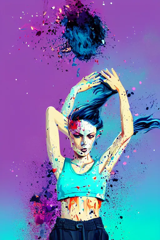 Image similar to a award winning half body portrait of a beautiful woman in a croptop and cargo pants with ombre navy blue teal hairstyle with head in motion and hair flying, paint splashes, splatter, outrun, vaporware, shaded flat illustration, digital art, trending on artstation, highly detailed, fine detail, intricate