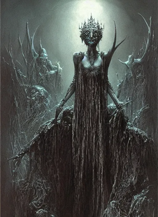 Image similar to majestic dark necromancer queen by Beksinski and Luis Royo