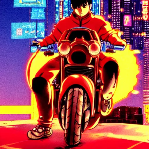 Image similar to kaneda on his motorcycle in neo tokyo looking for akira, night, neon lights, speed, art by katsuhiro otomo, ultra detailed, 8 k