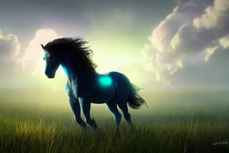 Image similar to a stunning horse with a mane of bioluminescent plants running through a meadow by eddie mendoza ( flowerpunk ), volumetric light, digital art, fine detail, photorealistic