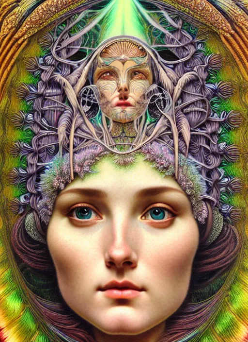 Image similar to hyperrealistic detailed face portrait of the beautiful goddess of the northern lights with an intricate headgear of a beautiful landscape, art by ernst haeckel, john william godward, android jones, alphonso mucha, h. r. giger, gothic - cyberpunk, ornamental, dimmed pastel colours,