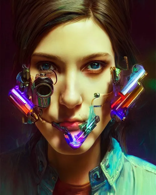 Image similar to portrait of a brunette cyberpunk hippie smoking a tobacco pipe | highly detailed | very intricate | symmetrical | professional model | cinematic lighting | award - winning | painted by mandy jurgens | pan futurism, dystopian, bold colors, cyberpunk, anime aesthestic | featured on artstation