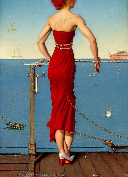 Image similar to a fancy beautiful young lady standing on a wharf at the edge of the sea, very tight gold chain belt, stylish heels, beautiful hair, red dress, by brom and gil elvgren and jean delville and william blake and norman rockwell and michael whelan, crisp details, hyperrealism, high detail, high contrast, low light