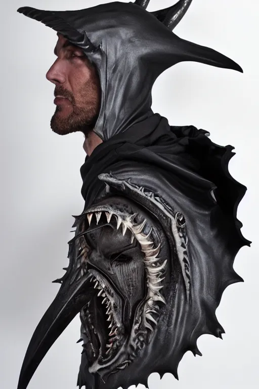 Prompt: sideview waist up portrait of shark with big antler wear black cape hoodie made with porcelain by jeff easley and peter elson, beautiful eyes and face, symmetry face, galaxy, gothic, surreal, dread, highly detailed, intricate complexity, epic composition, magical atmosphere, masterpiece, award winning, trending on artstation