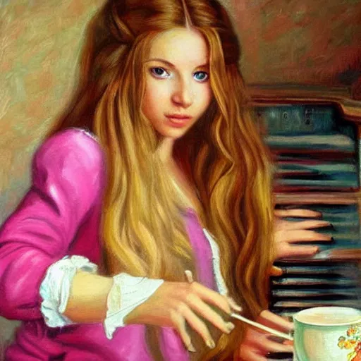 Image similar to highly detailed painting of beautiful russian girl with long blond hair playing a pink keyboard with a cup of tea, realistic,