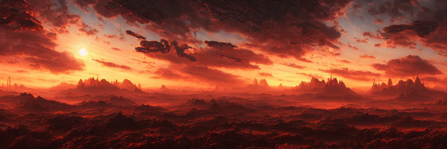 Image similar to ultra realist intricate detailed landscape painting of an alien world, red sky with mech buildings and cyborg tech, symmetry accurate features, very intricate details, bokeh focus, 8 k render, artstyle geoff taylor, award winning