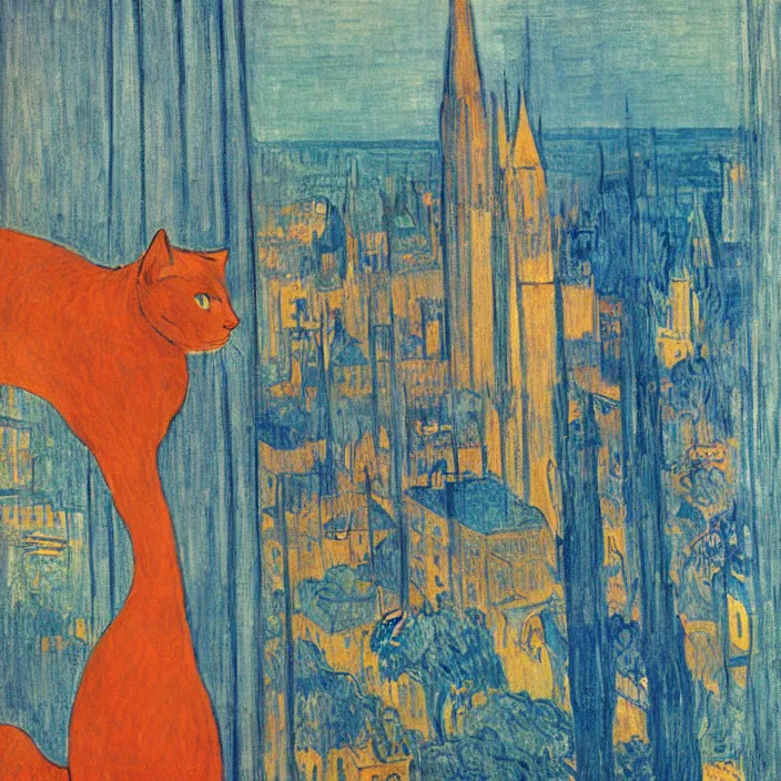 Image similar to woman and giant orange cat with city with gothic cathedral and tall trees seen from a window frame with curtains. dark indigo blue, turquoise, gold, earth brown. autumn light. delville jean, henri de toulouse - lautrec, utamaro, matisse, monet