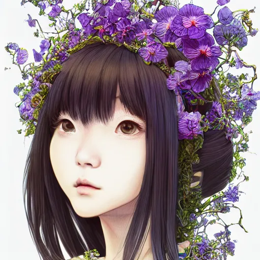 Image similar to the head of an unbelievably elegant and cute japanese girl partially made of potatoes roots and violets, an ultrafine detailed illustration by james jean, final fantasy, intricate linework, bright colors, behance contest winner, vanitas, angular, altermodern, unreal engine 5 highly rendered, global illumination, radiant light, detailed and intricate environment