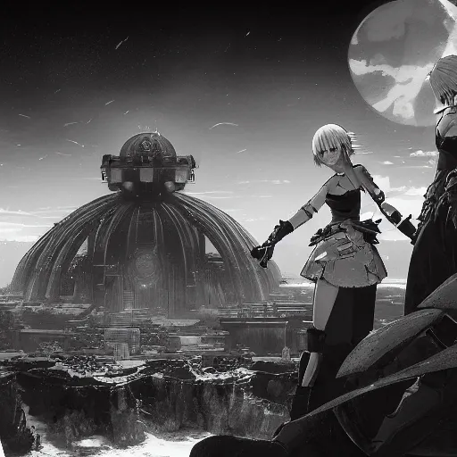 Image similar to a beautiful portrait of Nier Automata in a science fiction environment by ansel adams