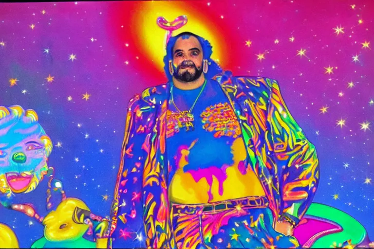 Image similar to lisa frank painting of sinbad at dave & busters 1 9 8 9