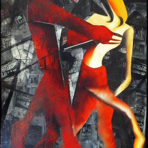 Prompt: tango, collage and oil on canvas by dave mckean