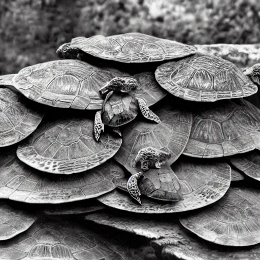Image similar to a stack of turtles beneath a round disc map, turtle pile