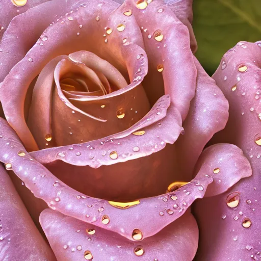 Image similar to High resolution!! Mottled!! Rose blooming with Golden dew drops, 8K, photorealistic, Cinematic lighting