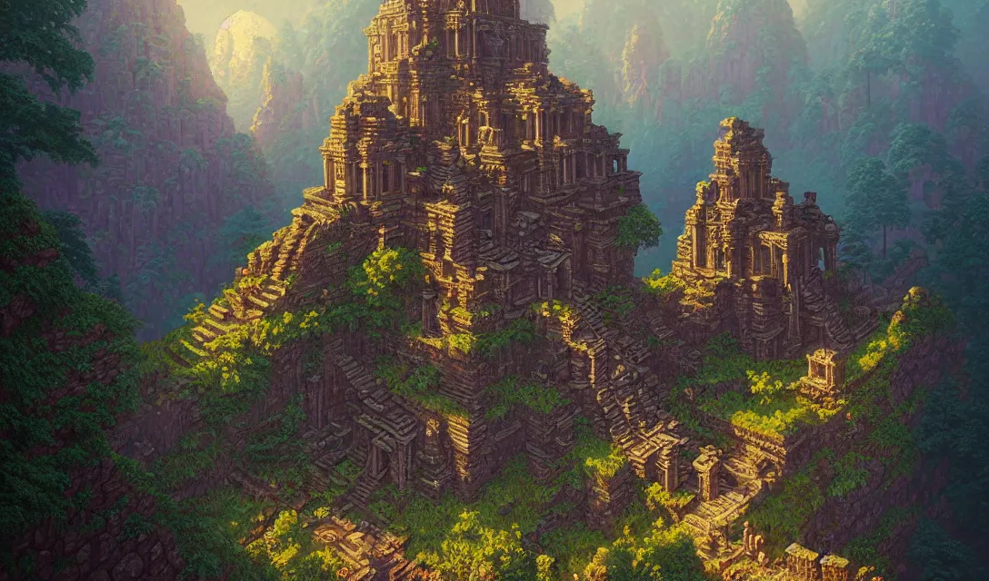 Prompt: fantasy temple ruins in the mountains, beautiful detailed pixelart by albertov, intricate details, beautiful, dithered gradients, volumetric lighting, cgsociety, artstation, smooth, sharp focus, 2 d illustration, by greg rutkowski, amazing art by dan mumford, johan grenier