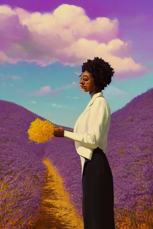 Image similar to portrait, giant lilac flower as head, black woman in suit in heather field, surreal photography, golden hour, colorful clouds, impressionist painting, digital painting, artstation, simon stalenhag