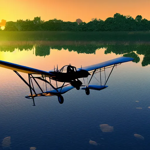 Image similar to a small engine biplane taking off over a lagoon in Thailand, sunset, synthwave, highly detailed, Ultra HD, unreal engine,